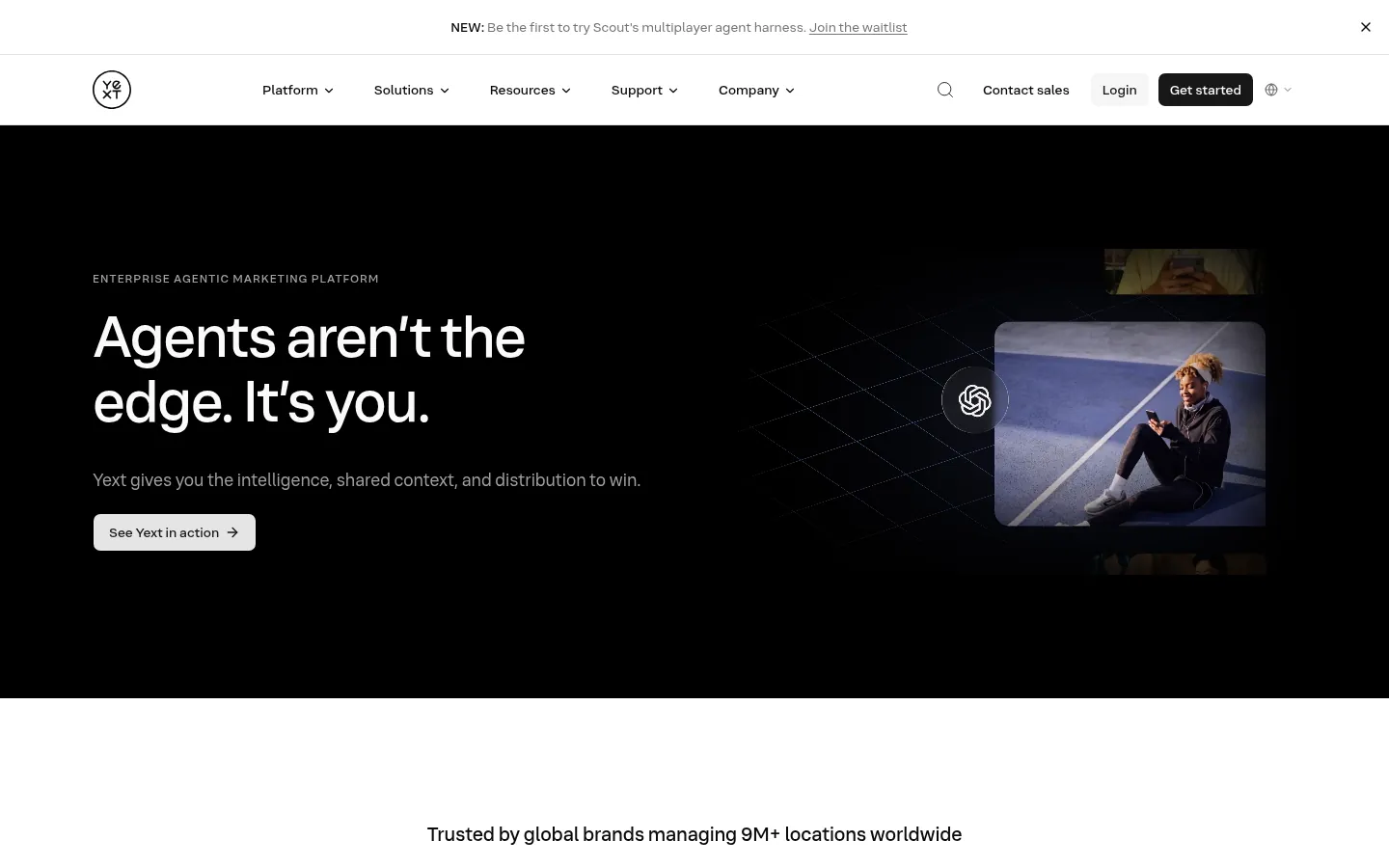 Yext website, showing the home page headline on AI agents and brand reach
