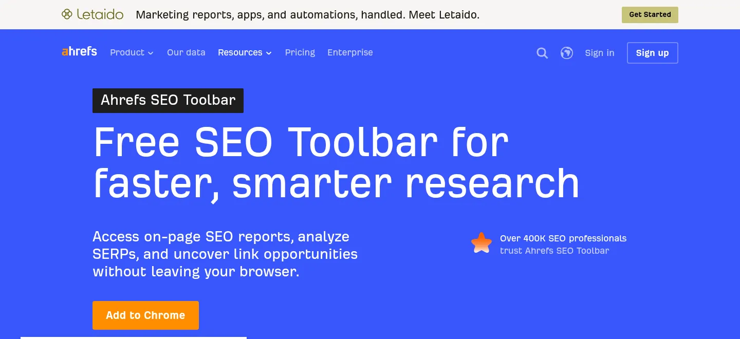 Ahrefs SEO Toolbar website, showing the SEO Toolbar page with an add to Chrome button