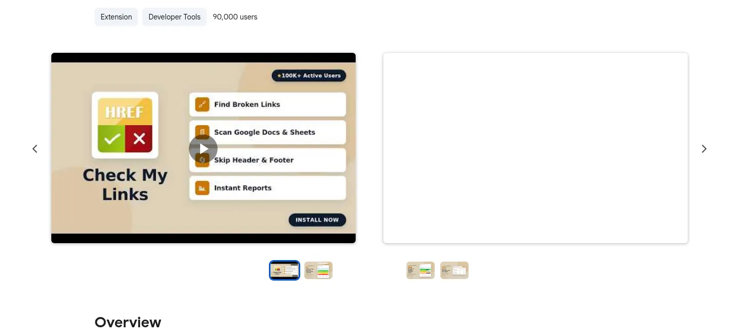 Check My Links website, showing the Chrome Web Store listing with ratings and a preview video