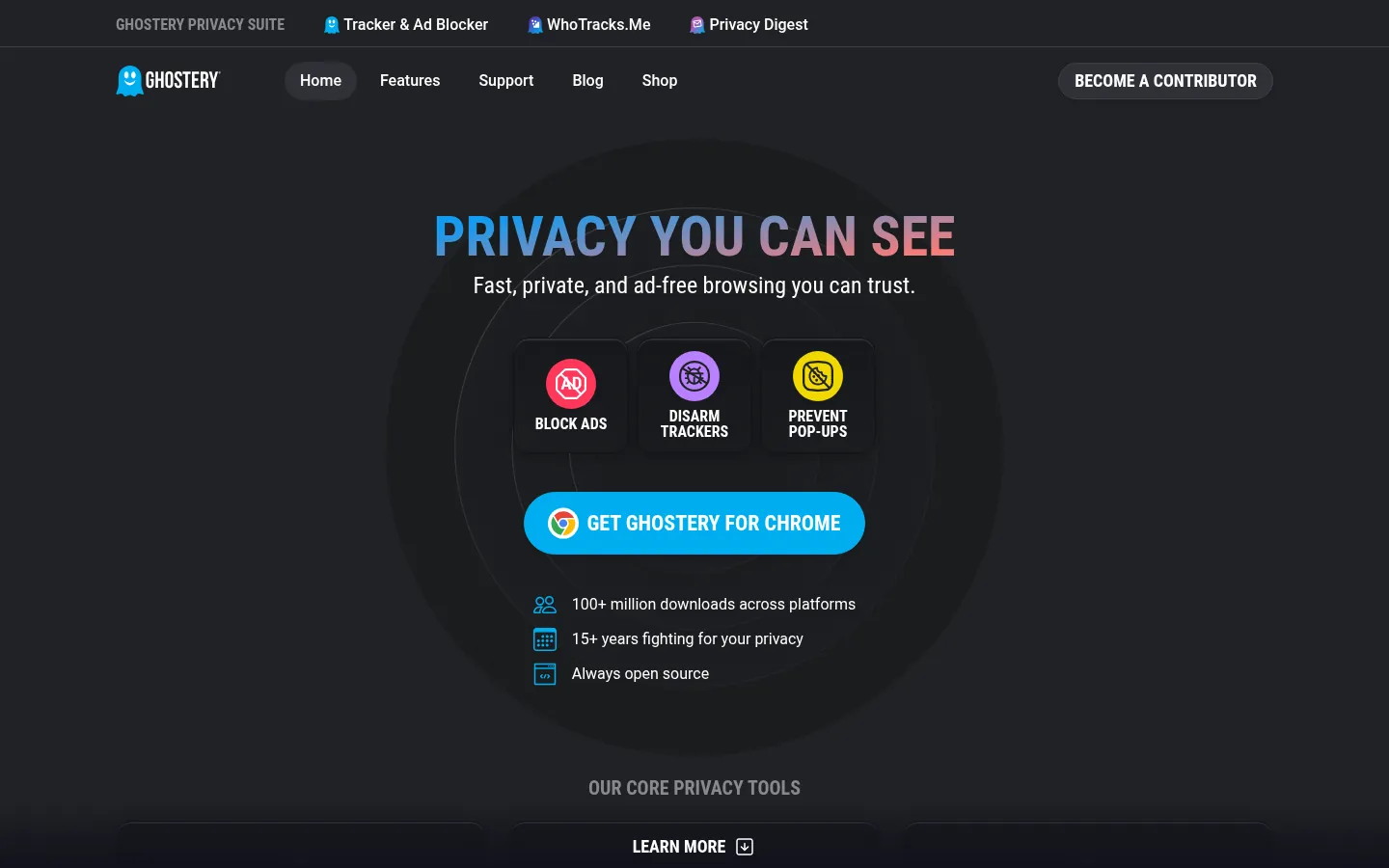 Ghostery website, showing the home page on private browsing with a get Ghostery button