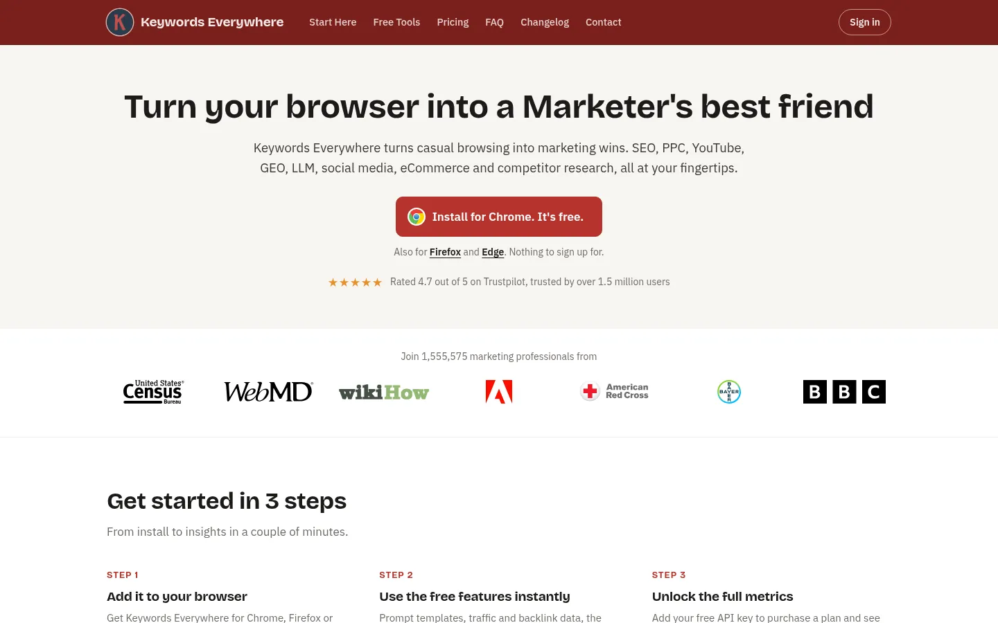 Keywords Everywhere website, showing the home page with install buttons for the Chrome and Firefox extension