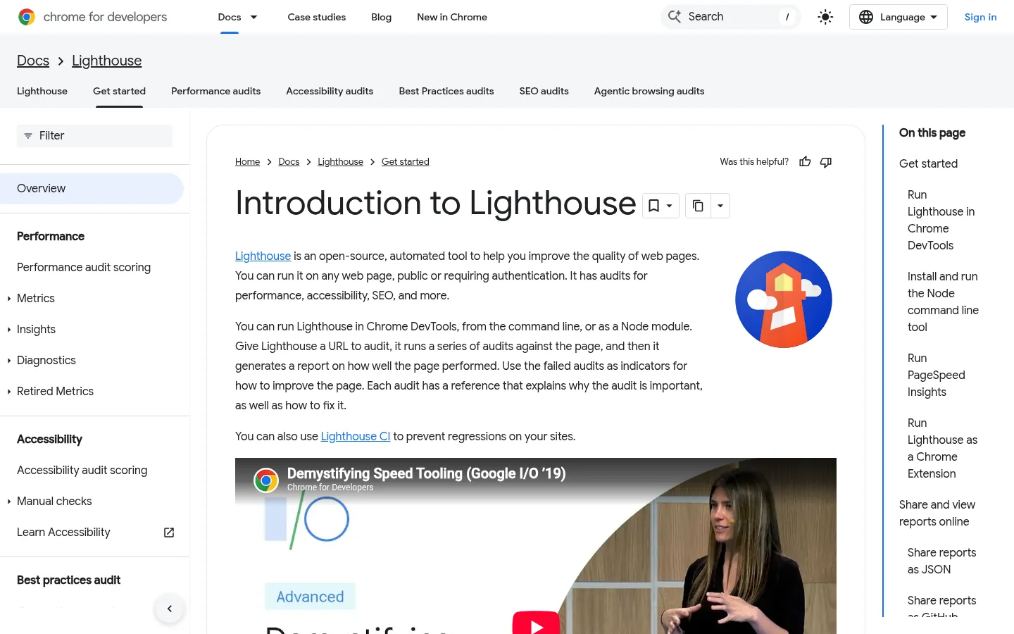 Lighthouse website, showing the Chrome for Developers introduction page for Lighthouse