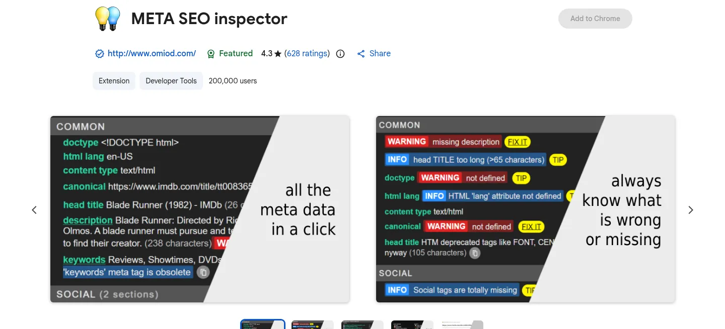 Meta SEO Inspector website, showing the Chrome Web Store listing with ratings and feature screenshots
