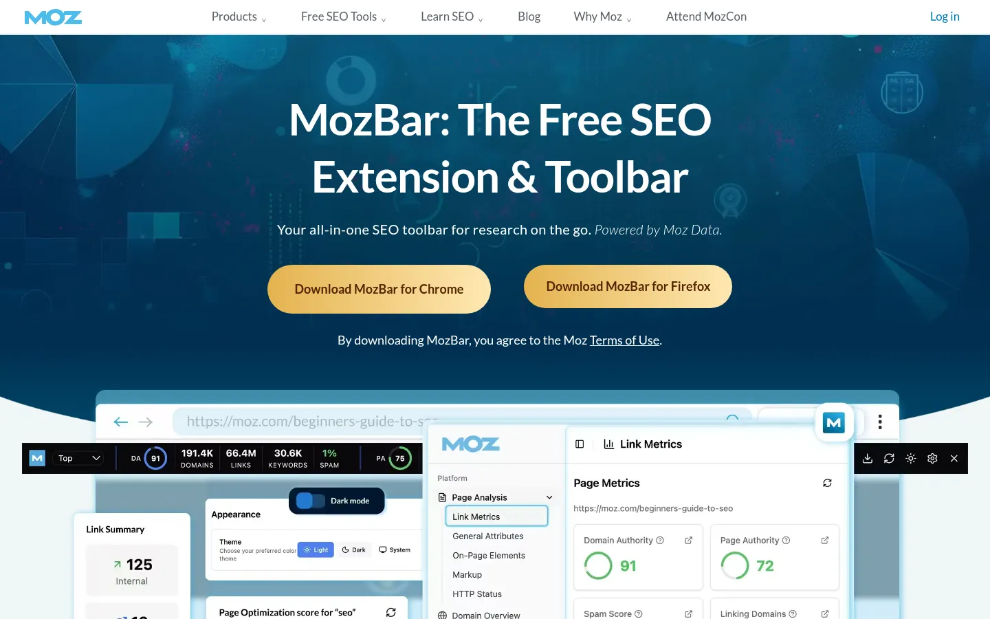MozBar website, showing the MozBar page with download buttons above a toolbar preview
