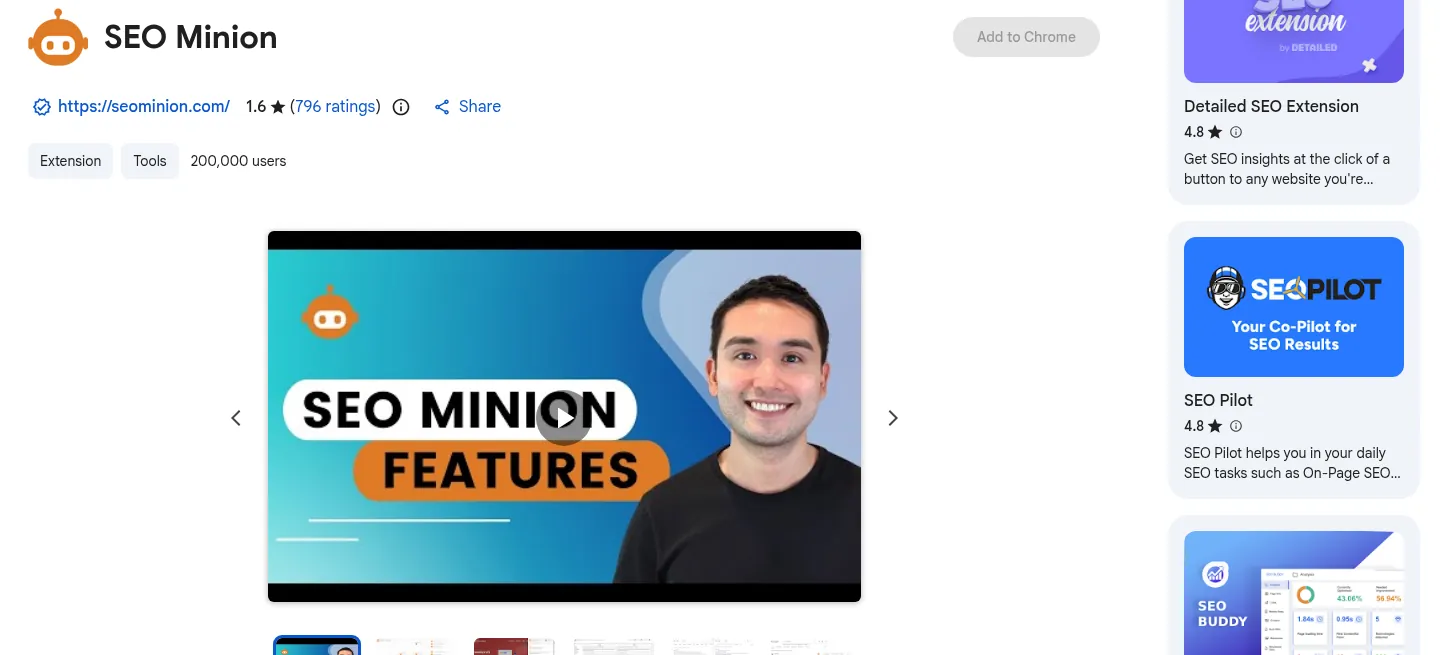 SEO Minion website, showing the Chrome Web Store listing with ratings and a features video