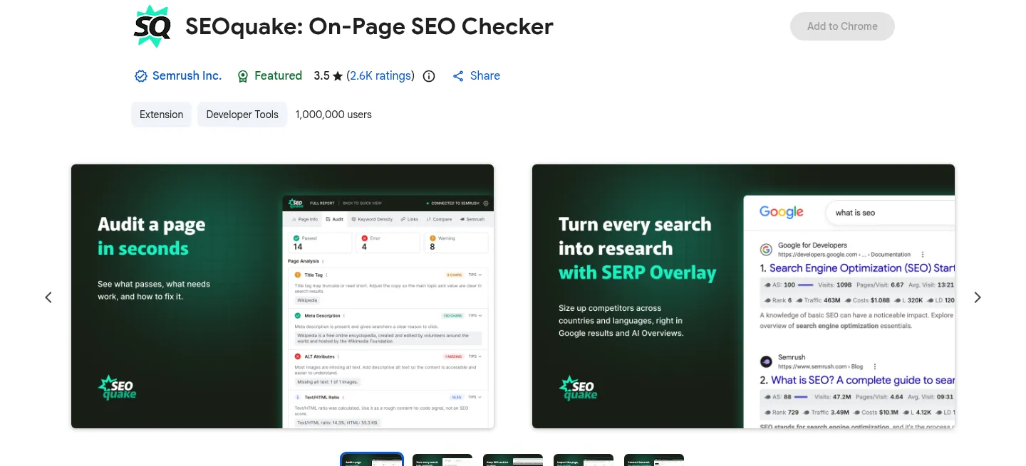 SEOquake listing on the Chrome Web Store, showing with ratings and feature screenshots