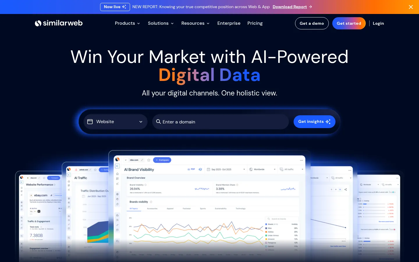 Similarweb website, showing the home page headline on AI digital data with a website entry box