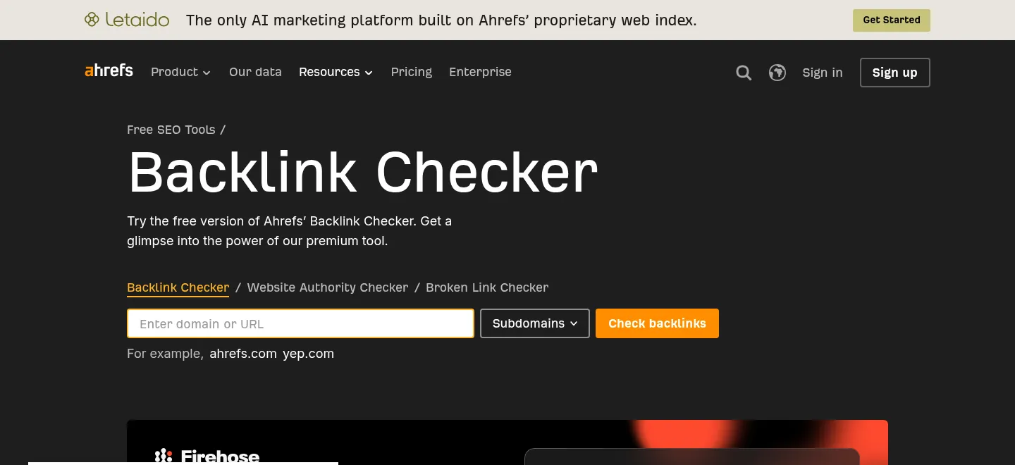 Ahrefs website, showing the free Backlink Checker page with a domain entry box