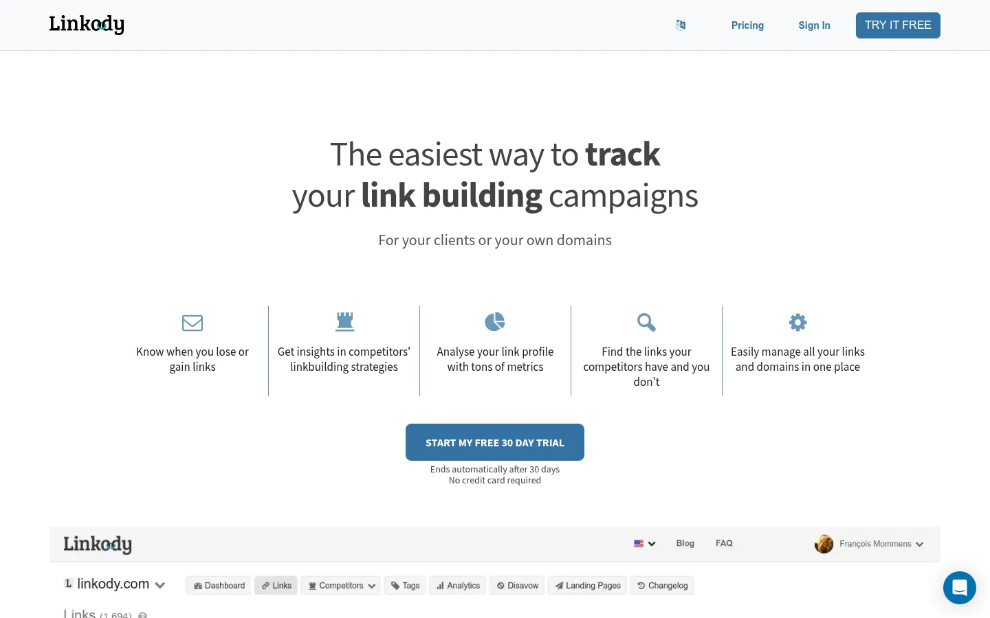 Linkody website, showing the home page on tracking link building campaigns