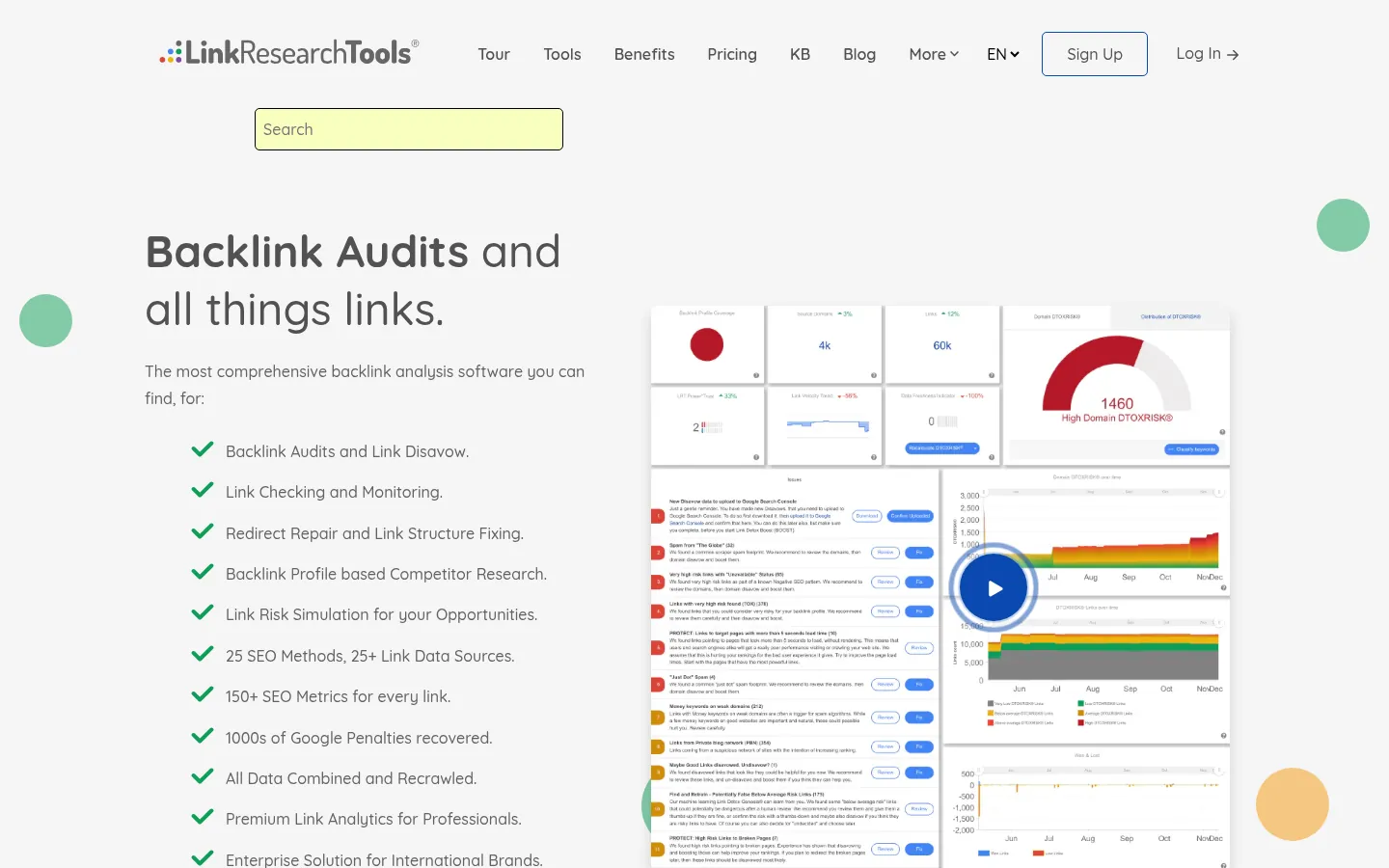 LinkResearchTools website, showing the home page on backlink audits beside a report preview