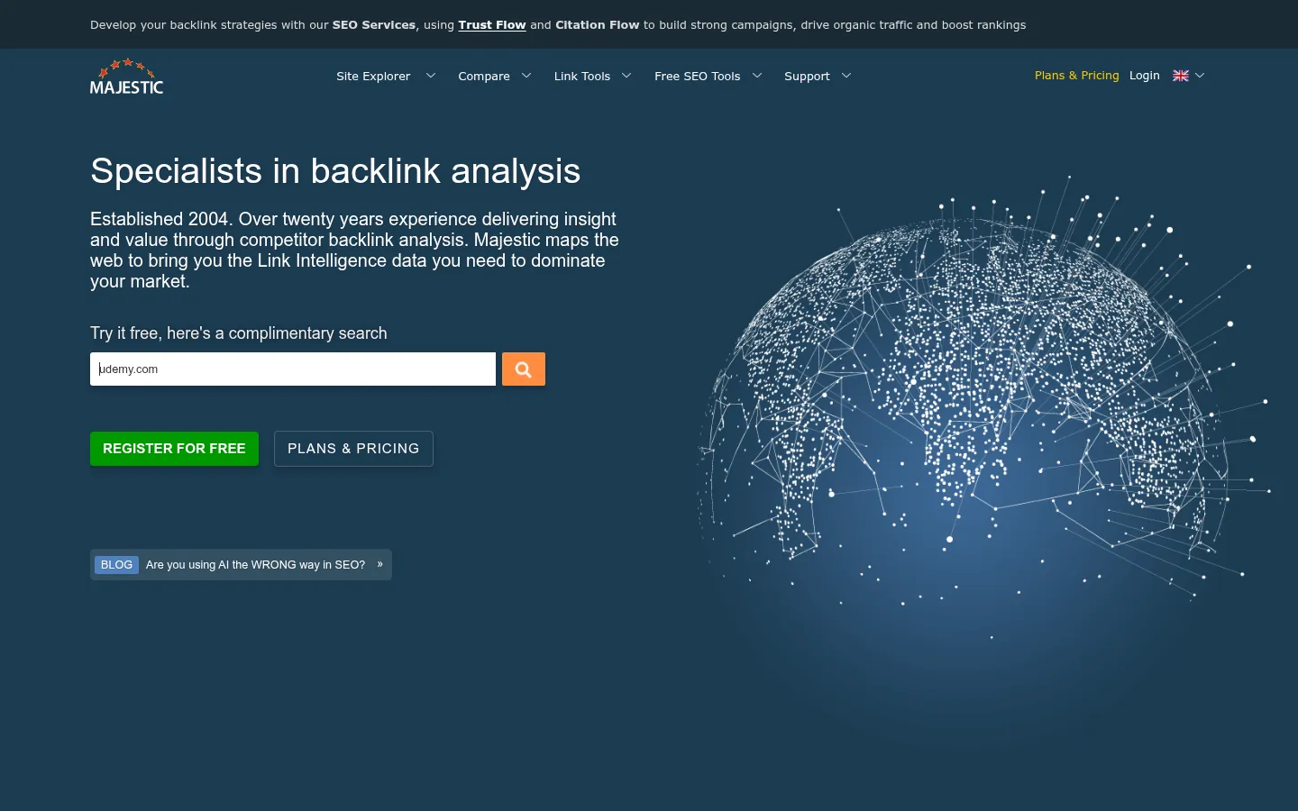 Majestic website, showing the home page on backlink analysis with a domain search box