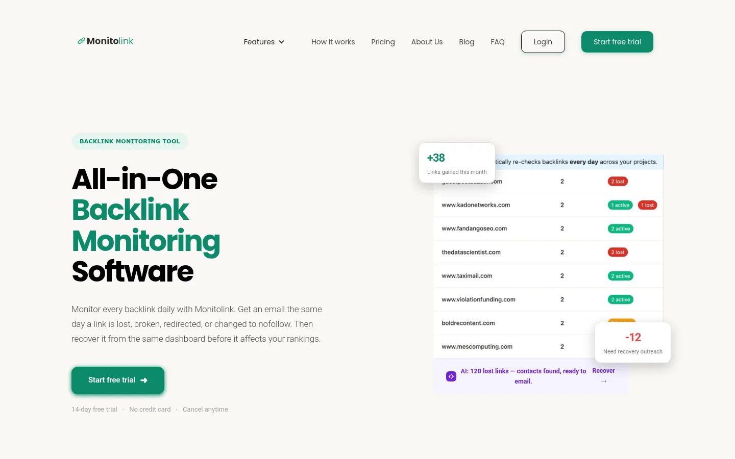 Monitolink website, showing the home page on backlink monitoring beside a link status list