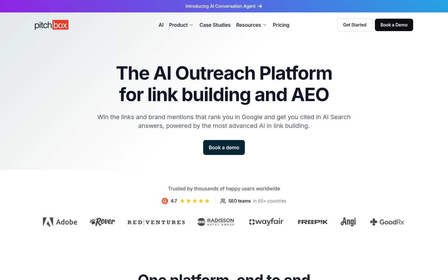 Pitchbox website, showing the home page on AI outreach for link building and AEO