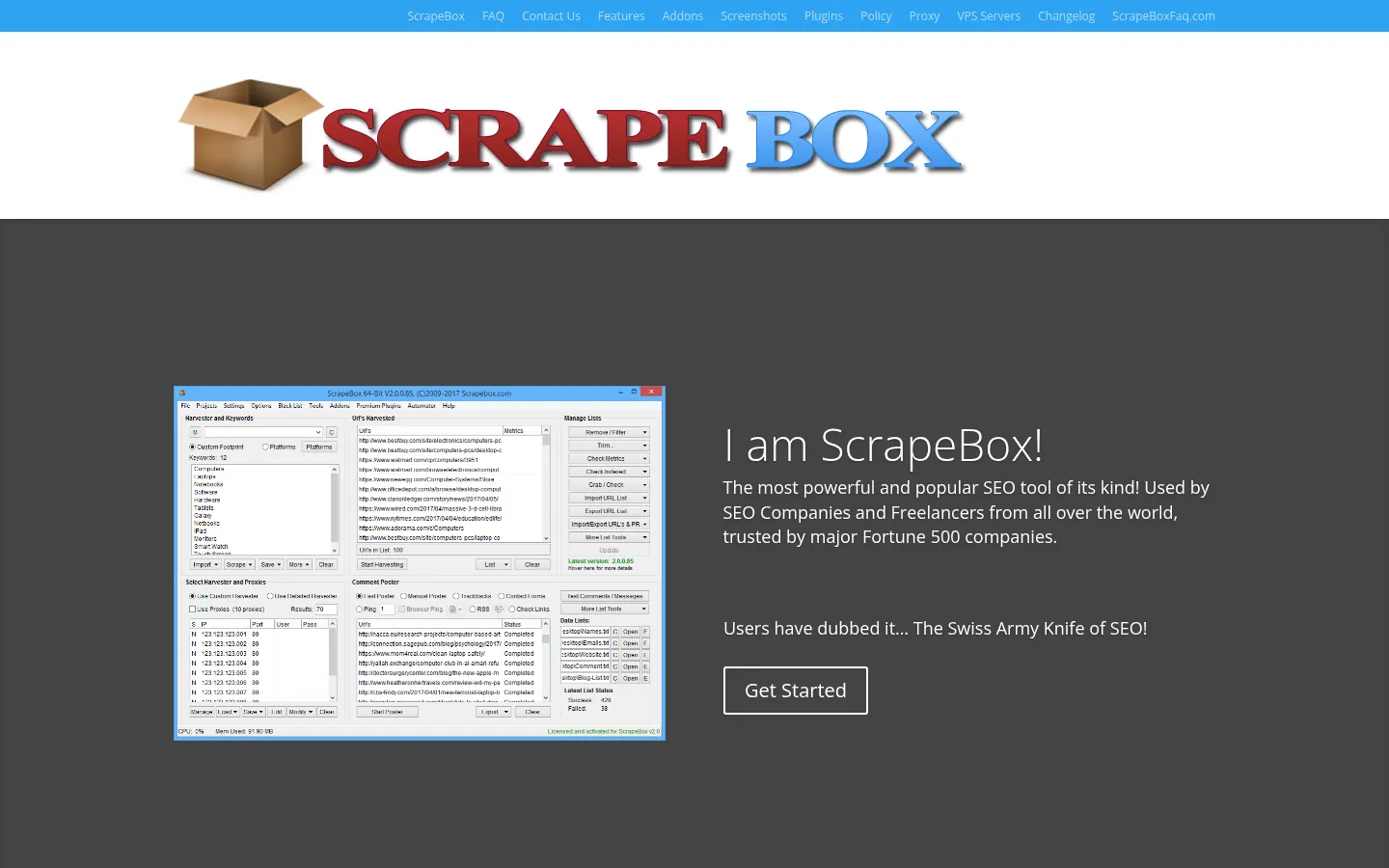 ScrapeBox website, showing the home page with the ScrapeBox logo above a software window