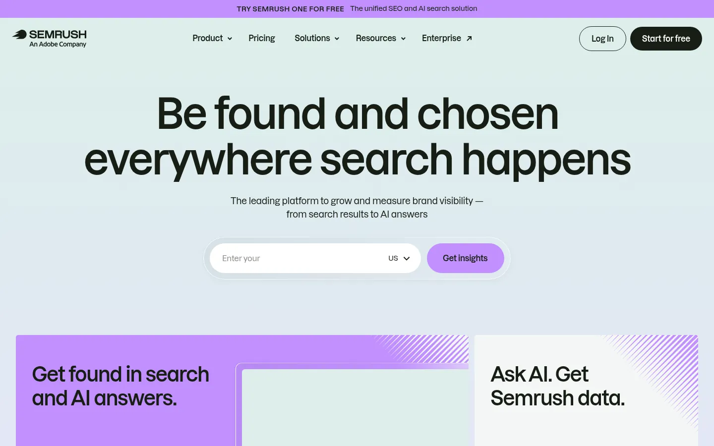 Semrush website, showing the home page headline on AI and search visibility with a domain entry box