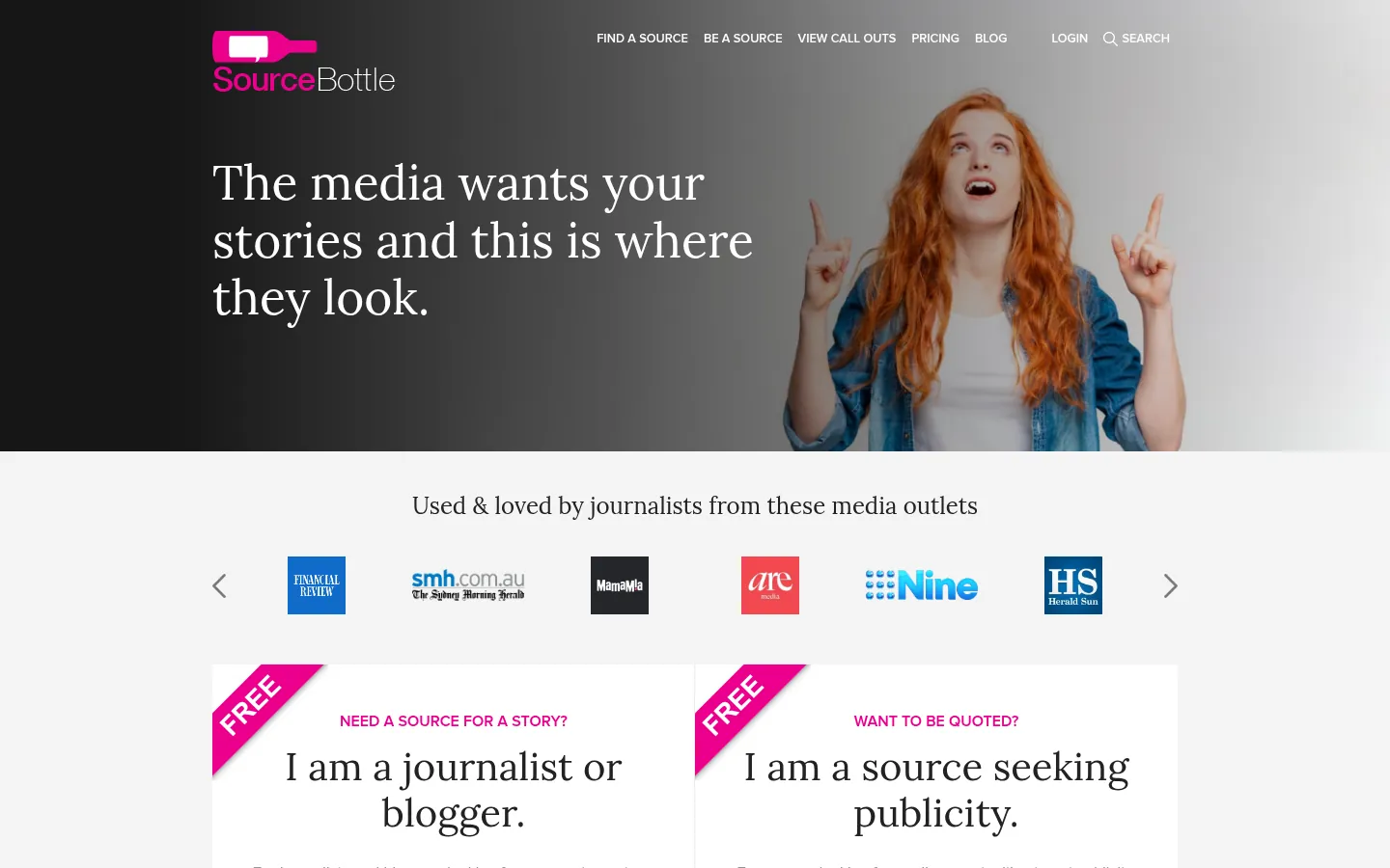 SourceBottle website, showing the home page connecting journalists and sources
