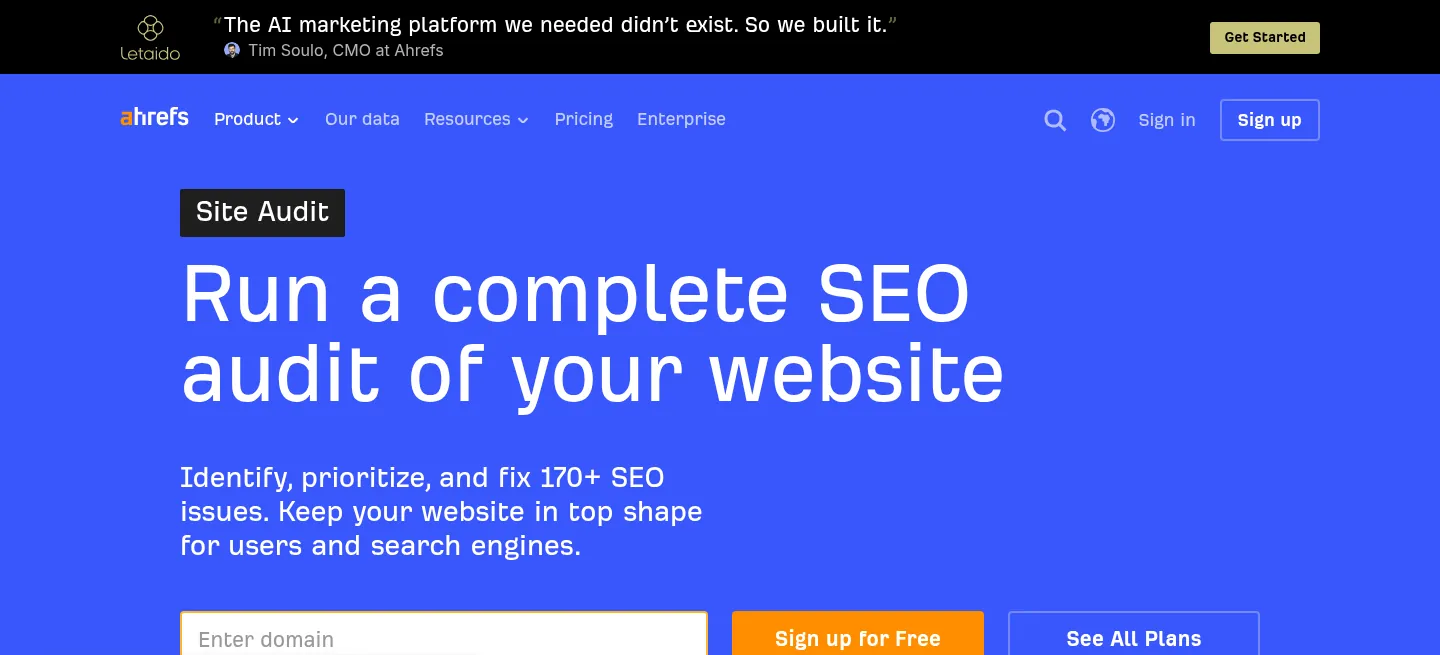 Ahrefs Site Audit website, showing the Site Audit page with a domain entry box