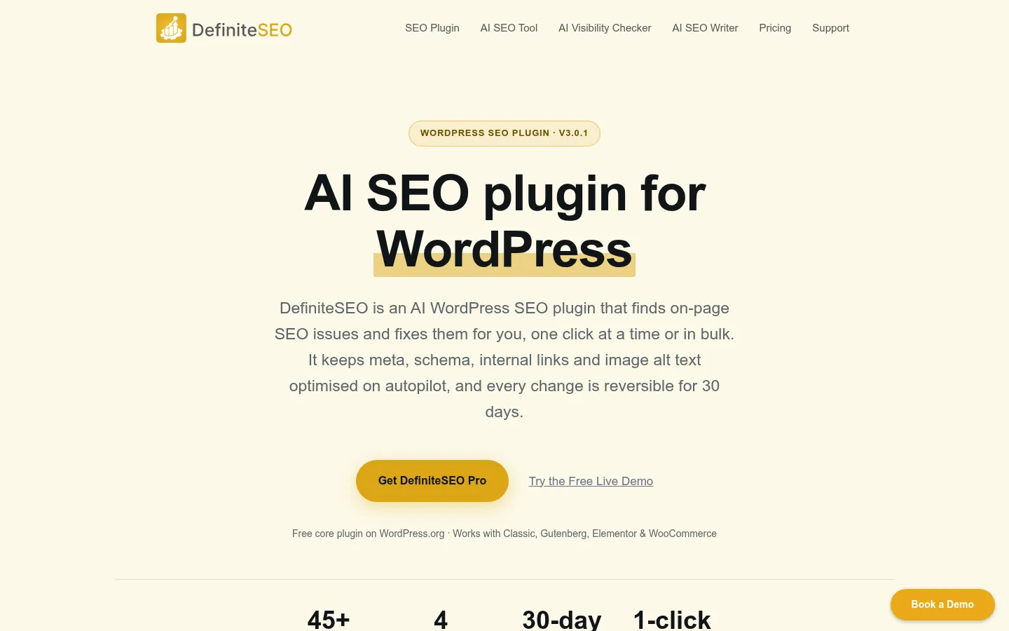DefiniteSEO website, showing the home page for the DefiniteSEO WordPress plugin