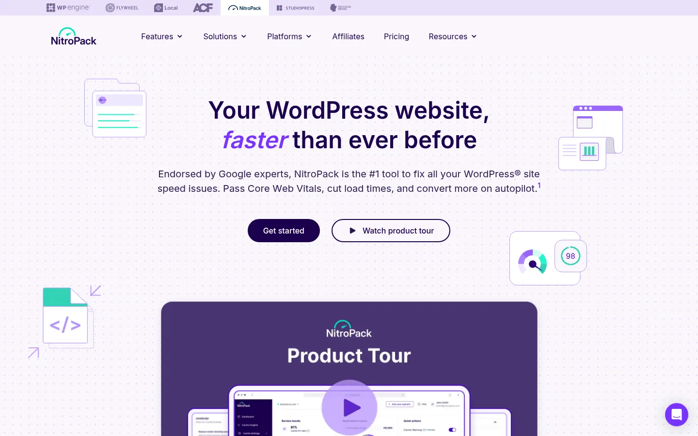 NitroPack website, showing the home page on WordPress site speed with a product tour panel
