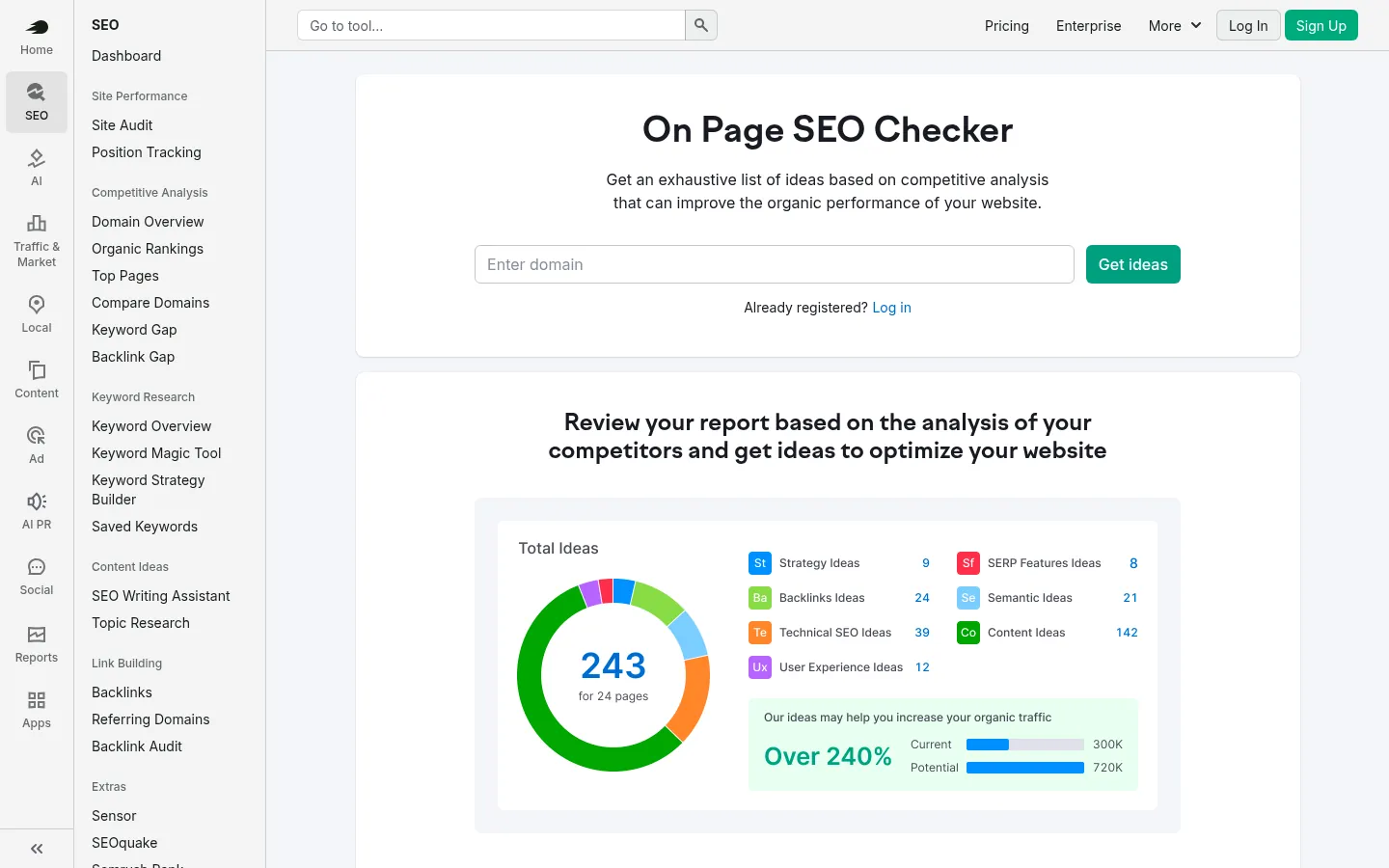 Semrush On-Page SEO Checker website, showing the On Page SEO Checker page with a domain entry box