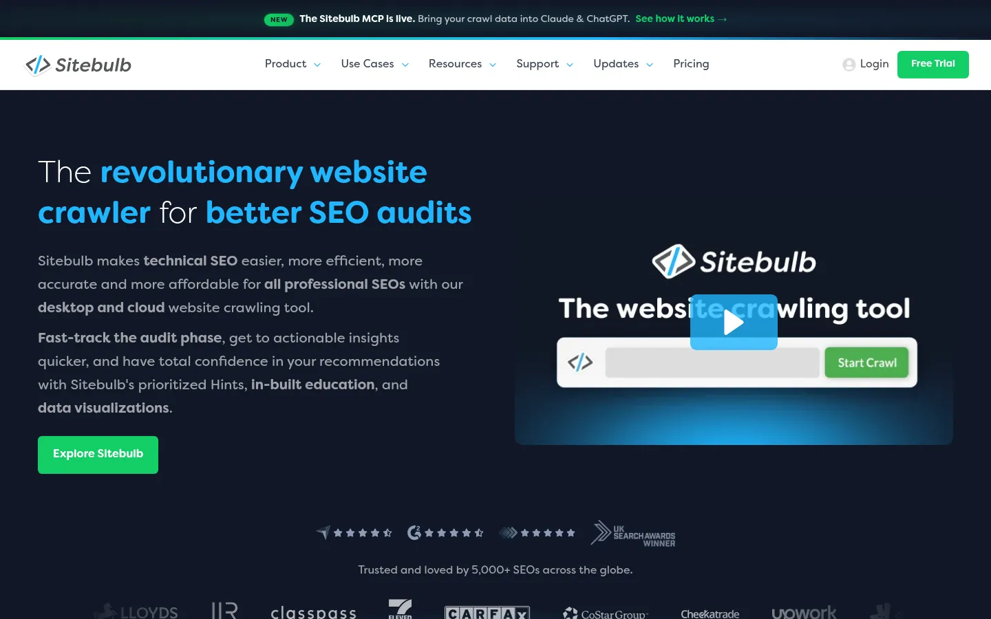 Sitebulb website, showing the home page on website crawling for SEO audits