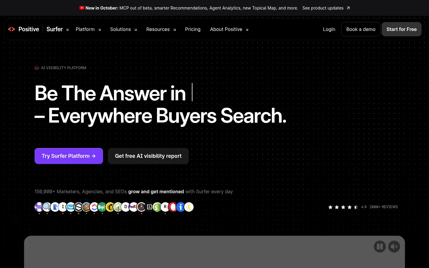 Surfer website, showing the home page on AI search visibility with a free trial button