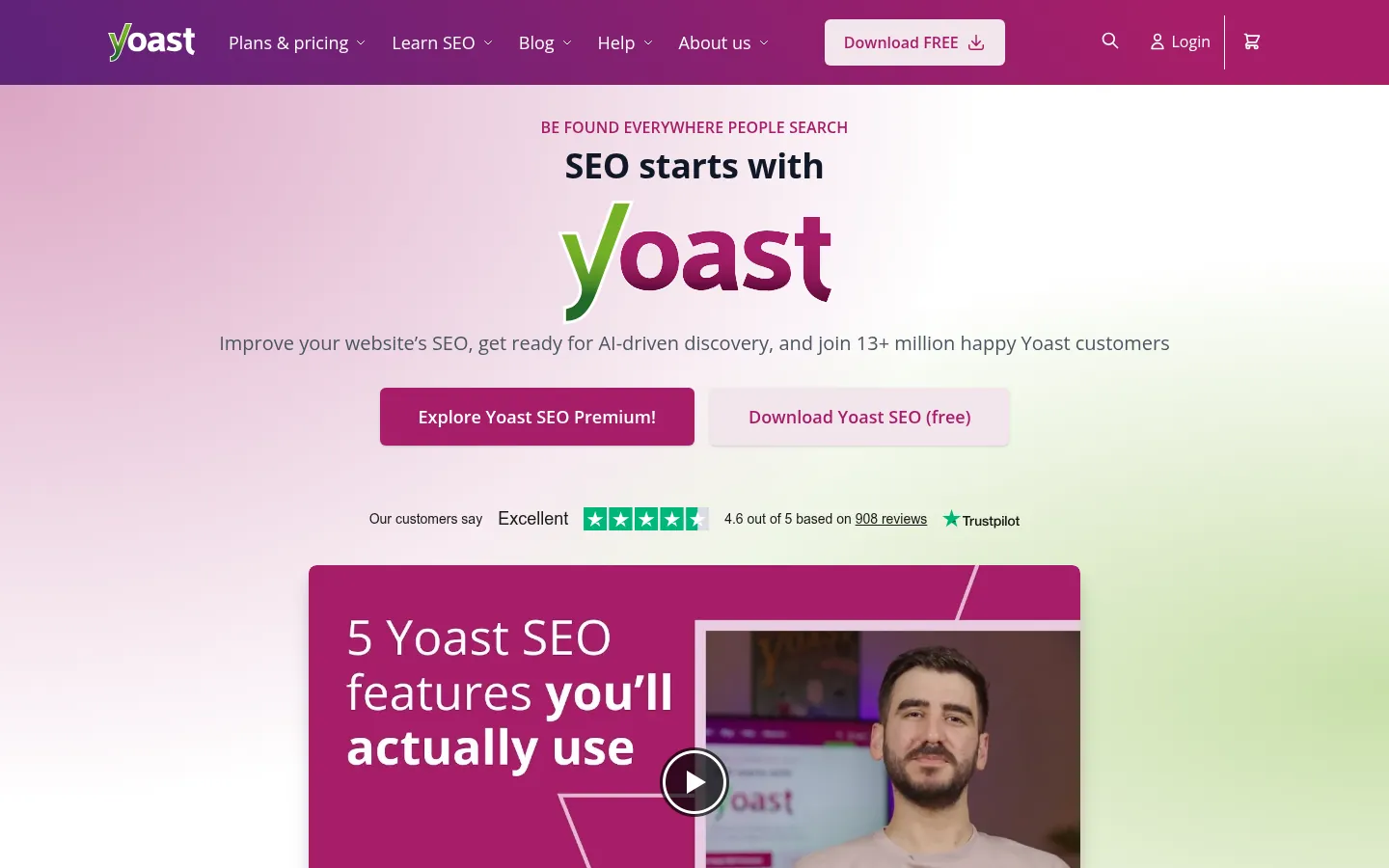 Yoast SEO website, showing the home page with download buttons and a features video