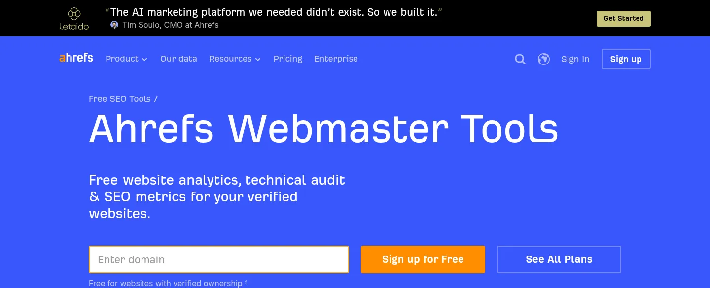 Ahrefs Webmaster Tools website, showing the Webmaster Tools page with a domain entry box