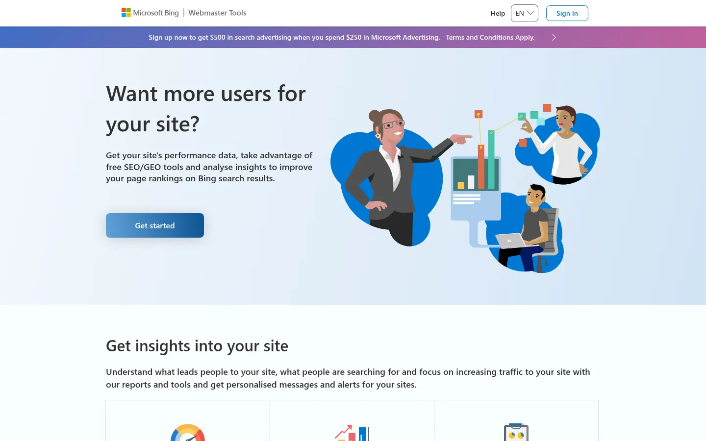 Bing Webmaster Tools website, showing the Bing Webmaster Tools about page with a get started button