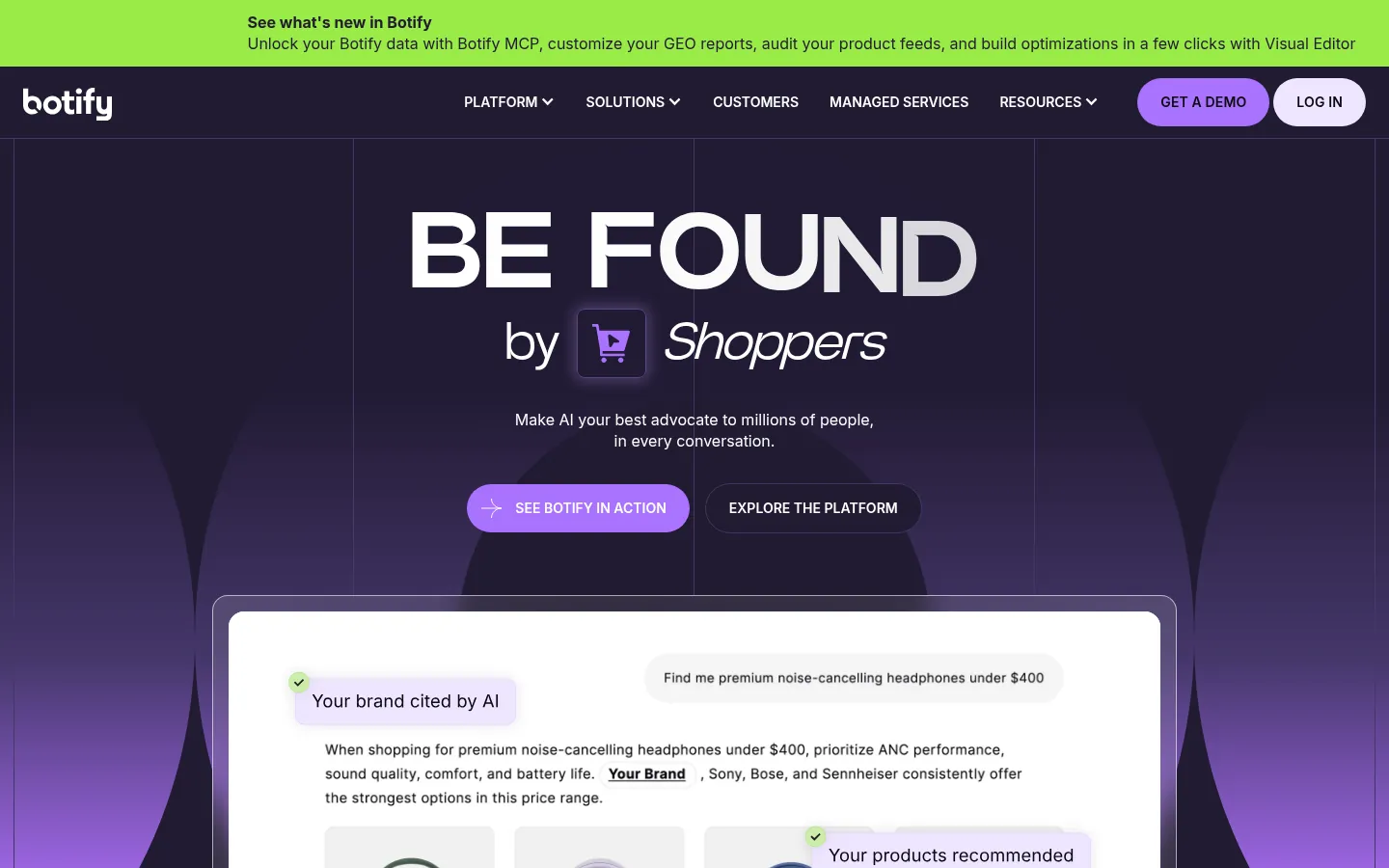 Botify website, showing the home page on brand discovery in AI shopping answers