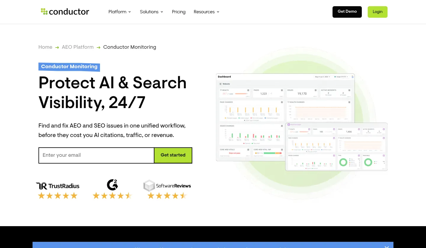 Conductor Monitoring website, showing the Monitoring page on AI and search visibility alerts