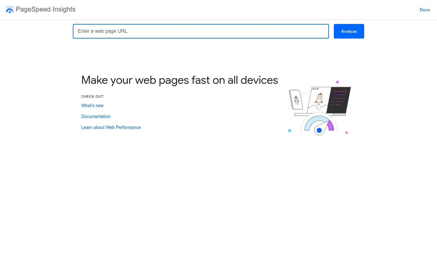 PageSpeed Insights website, showing the PageSpeed Insights page with a web page URL entry box
