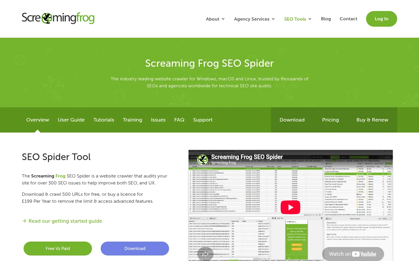 Screaming Frog SEO Spider website, showing the SEO Spider page with download and pricing buttons
