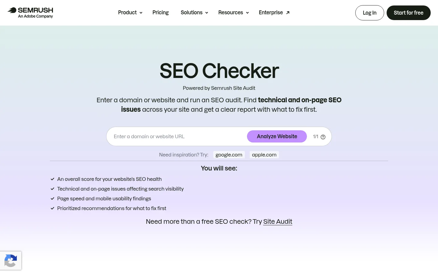 Semrush Site Audit website, showing the SEO Checker page with a domain entry box and audit checklist