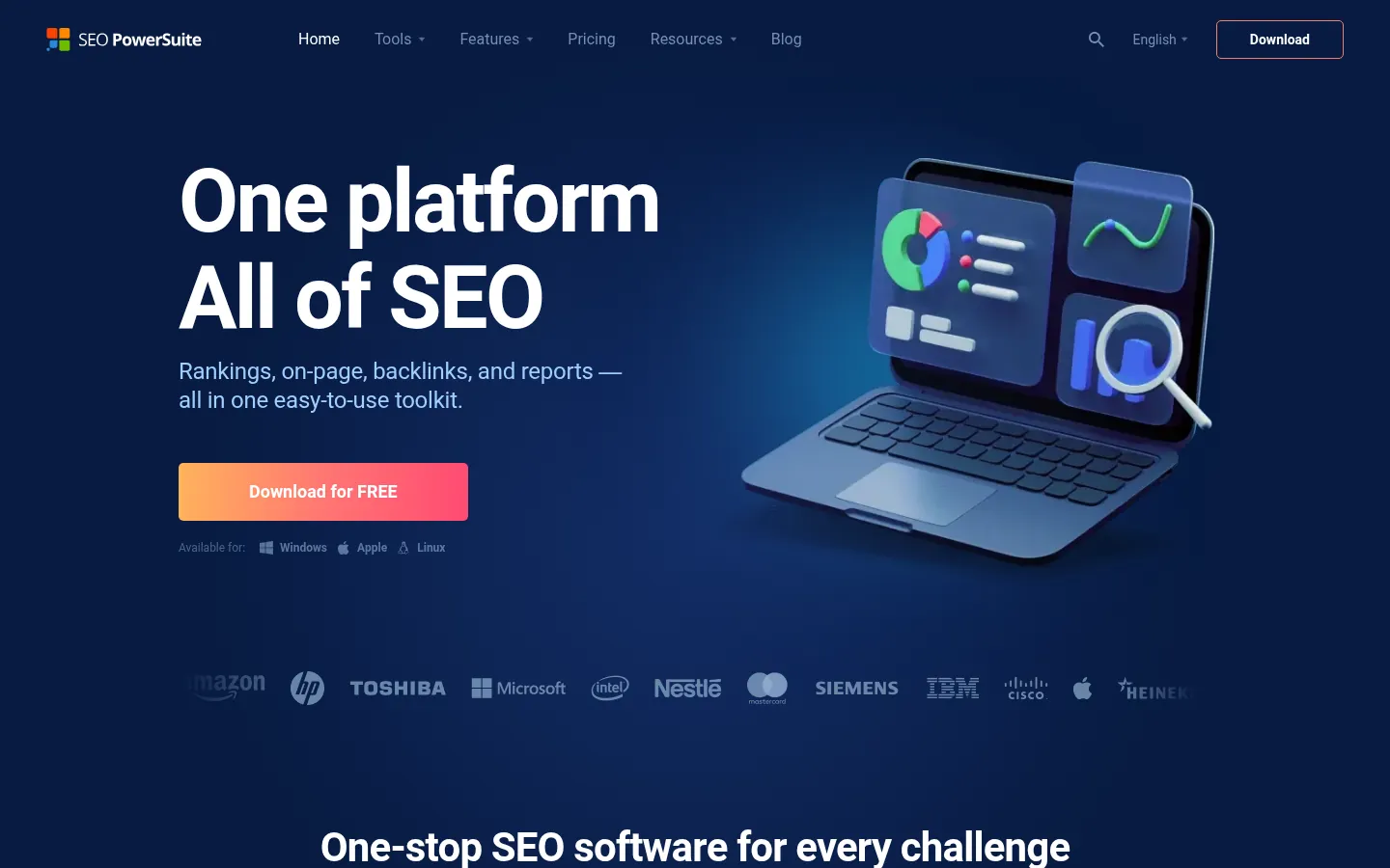 SEO PowerSuite website, showing the home page for the SEO PowerSuite toolkit with a download button