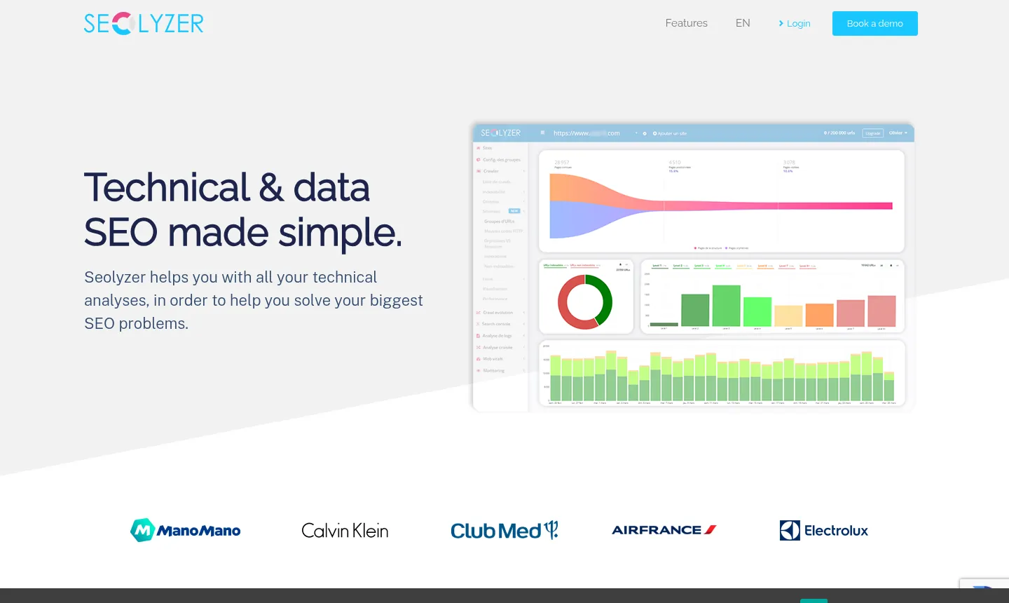 Seolyzer website, showing the home page on technical SEO data beside a crawl dashboard