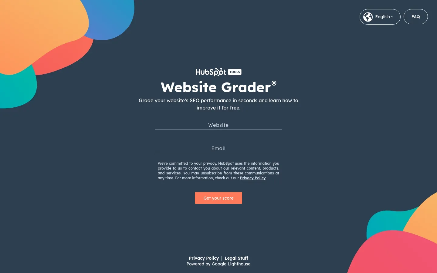 Website Grader website, showing the Website Grader page with website and email entry fields