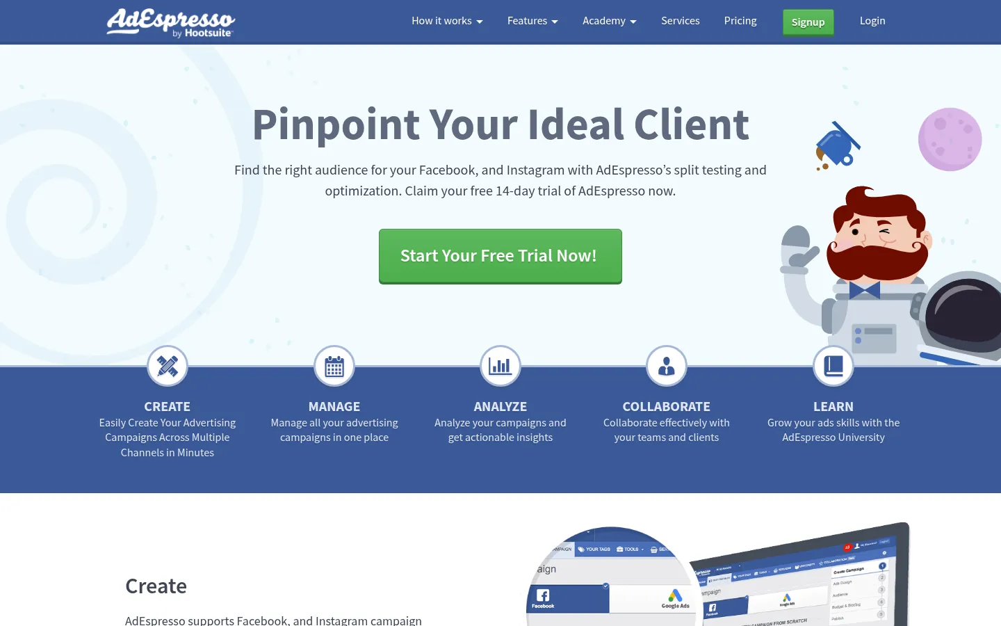 AdEspresso website, showing the home page on Facebook and Instagram ad audiences with a trial button