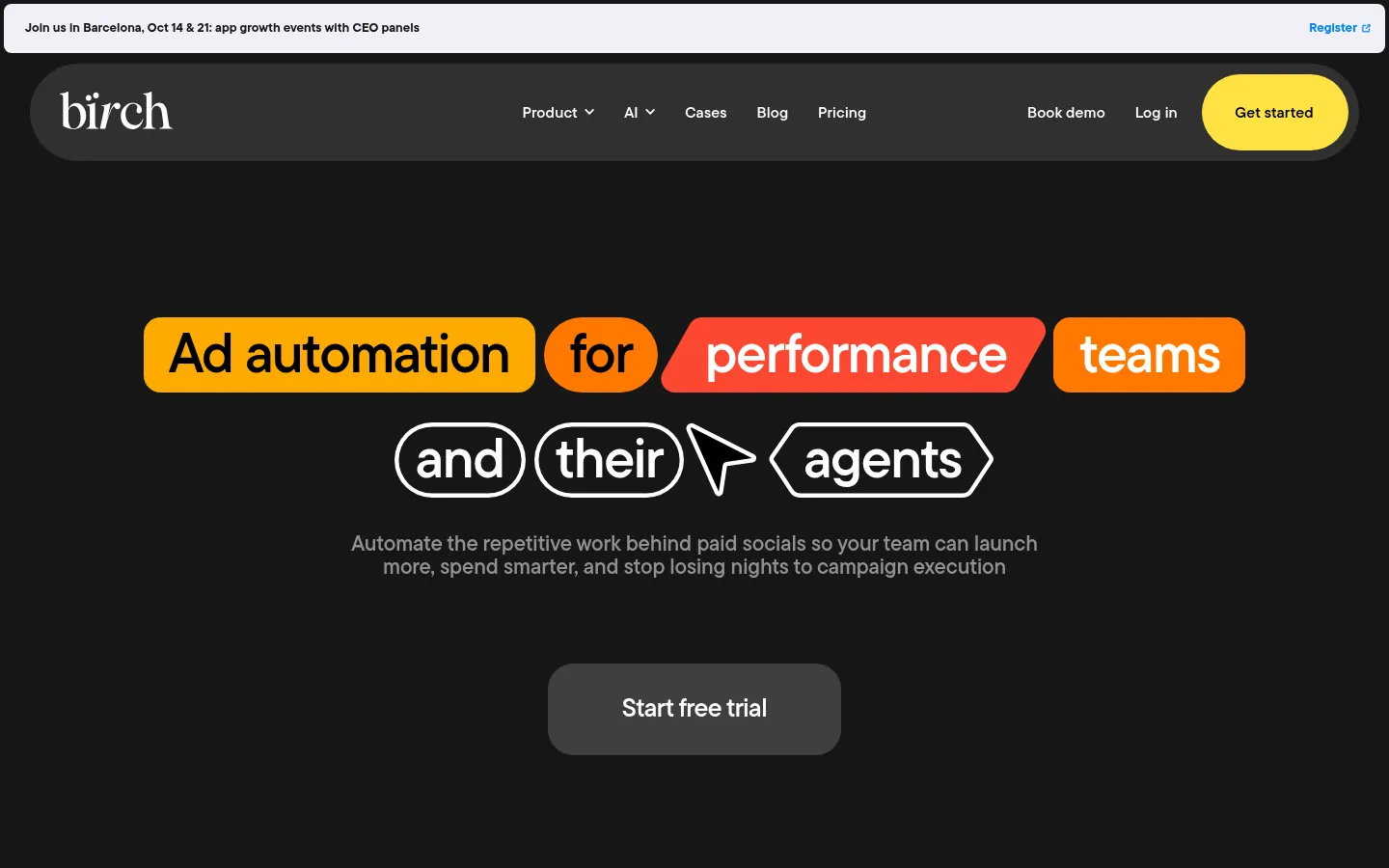 Birch website, showing the home page on ad automation for performance teams and agents