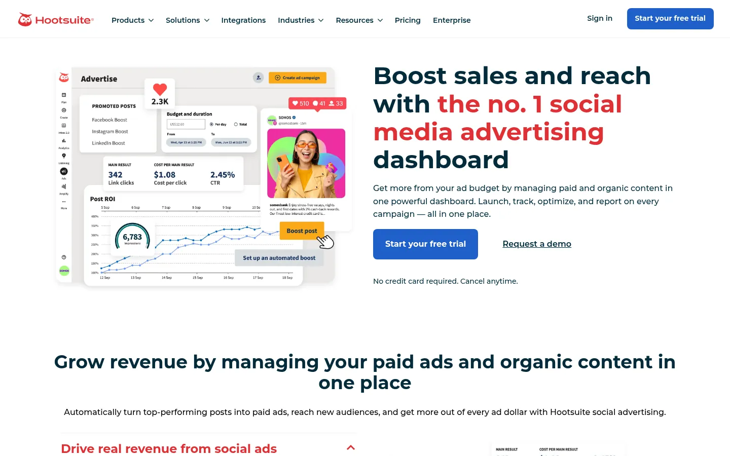 Hootsuite Social Advertising website, showing the social advertising page beside an ads dashboard preview