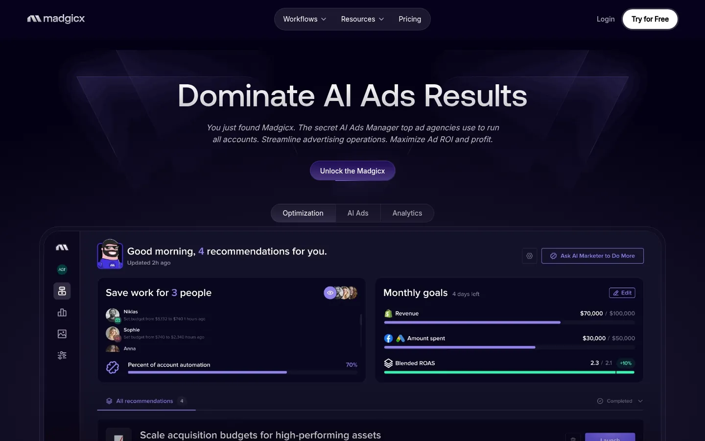 Madgicx website, showing the home page on AI ads above a recommendations dashboard