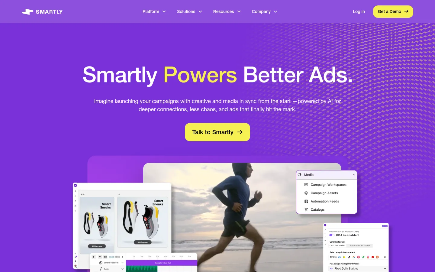 Smartly.io website, showing the home page on AI advertising beside a campaign preview