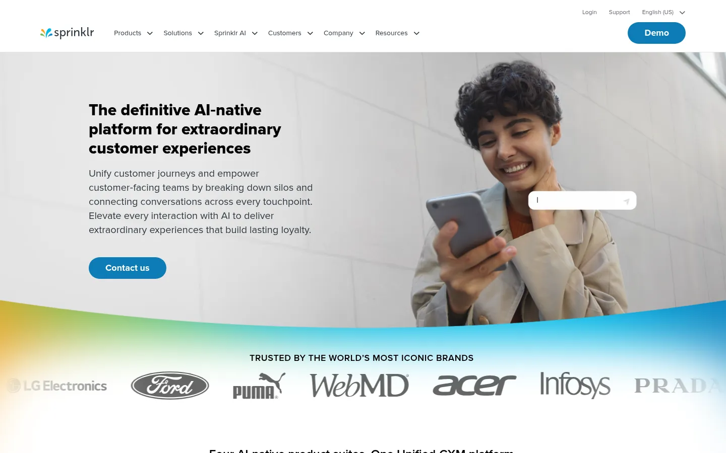 Sprinklr website, showing the home page on AI customer experience with a contact us button