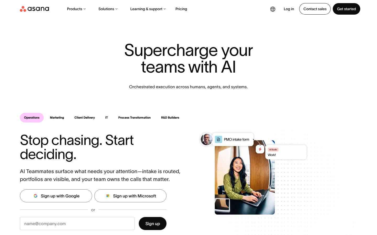 Asana website, showing the home page on AI work management with sign up buttons
