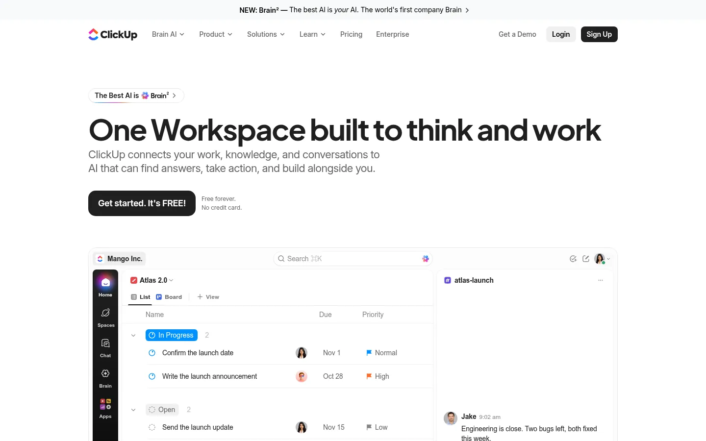 ClickUp website, showing the home page above a task list preview