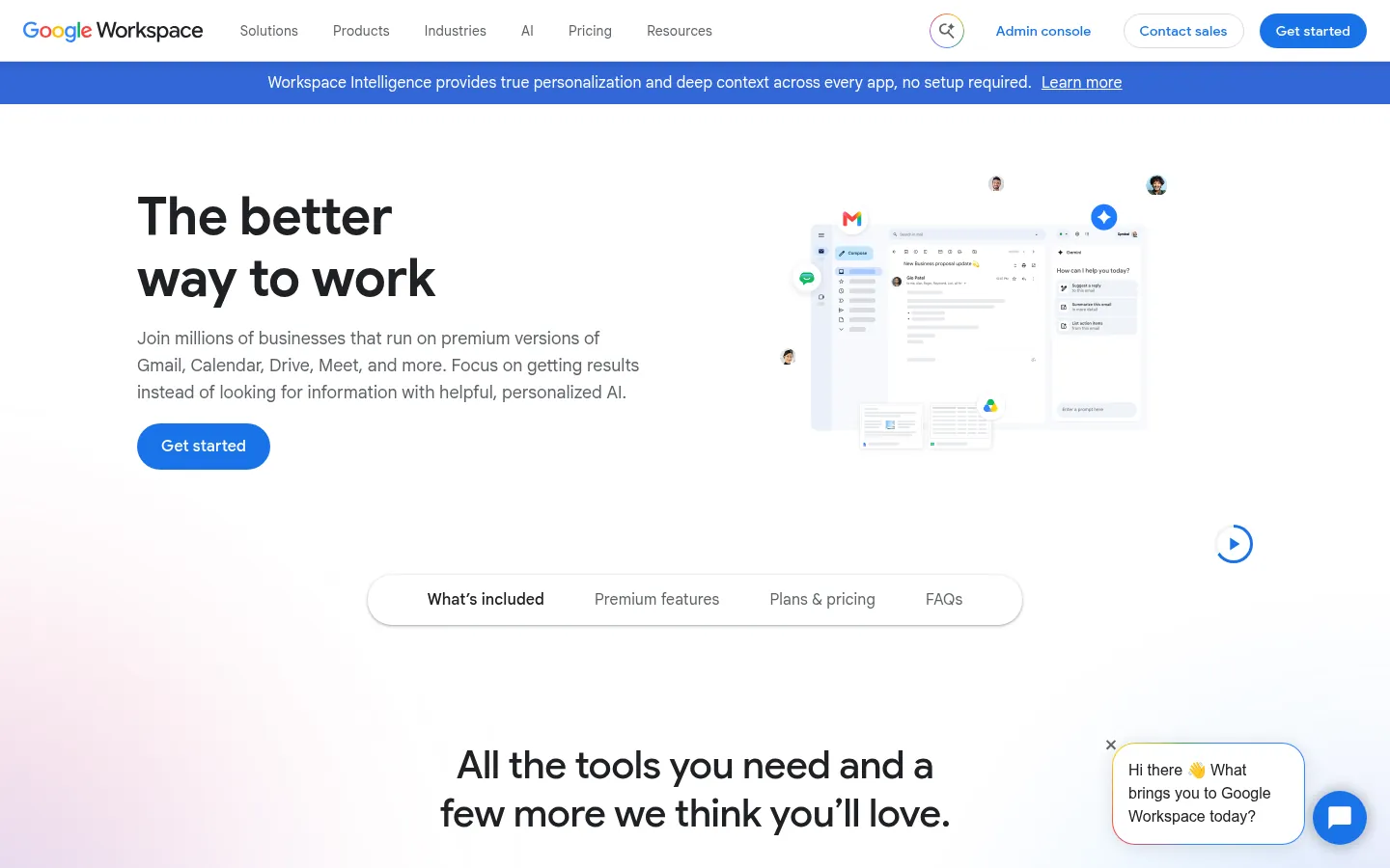 Google Workspace website, showing the home page headline with a get started button