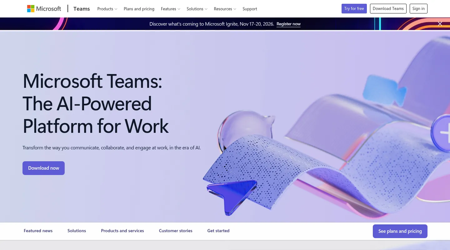 Microsoft Teams website, showing the Teams page on the AI platform for work