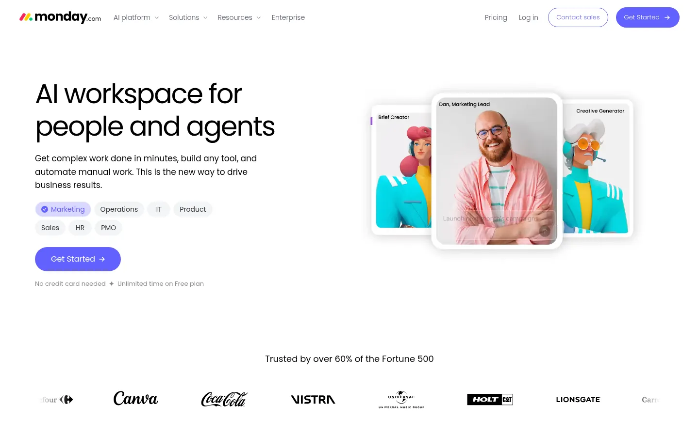 monday.com website, showing the home page on an AI workspace for people and agents