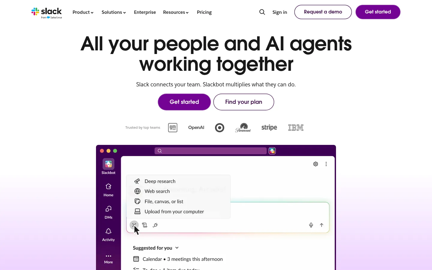 Slack website, showing the home page headline on people and AI agents working together