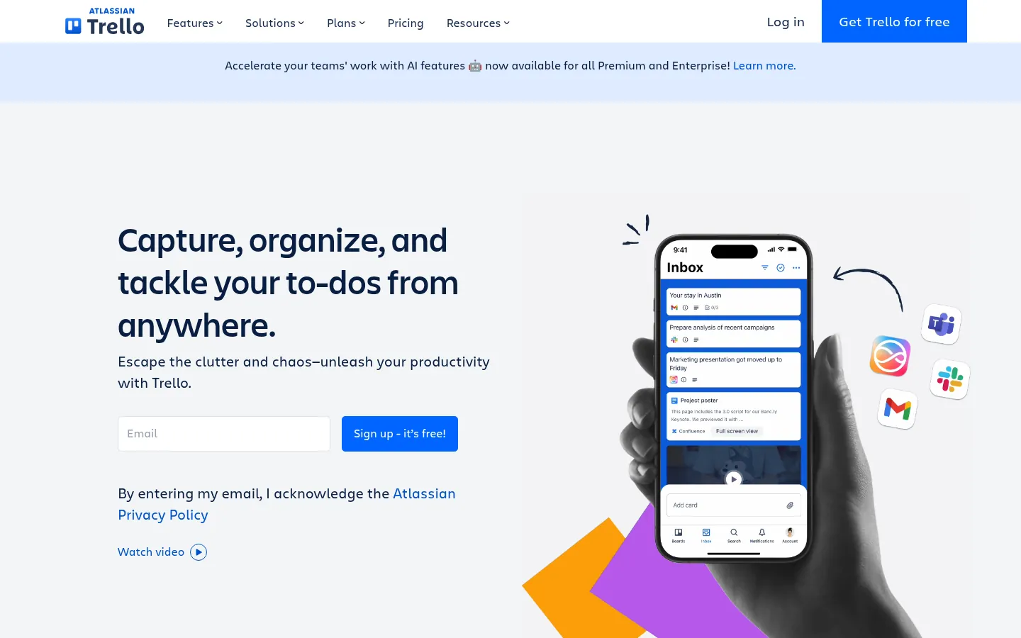 Trello website, showing the home page on capturing and organising tasks beside a phone app
